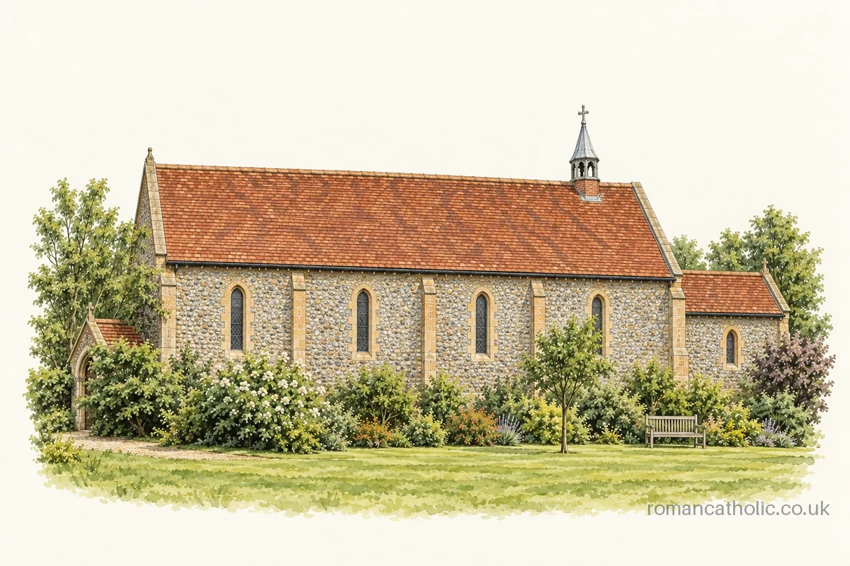 Immaculate Conception and St Joseph, Hertford, with flint walls and a slender roof spire.