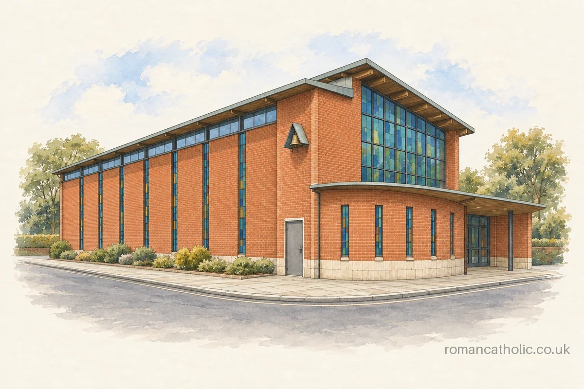 Immaculate Conception and St Norbert in Spalding, a modern brick church with coloured glazing and curved entrance range.