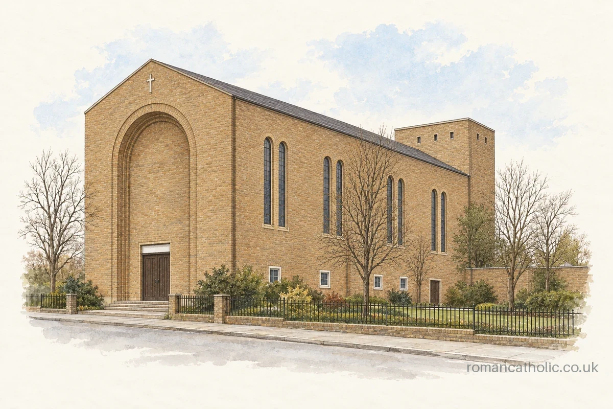 The Most Blessed Sacrament in Braunstone, with a tall brick nave and square crossing tower.