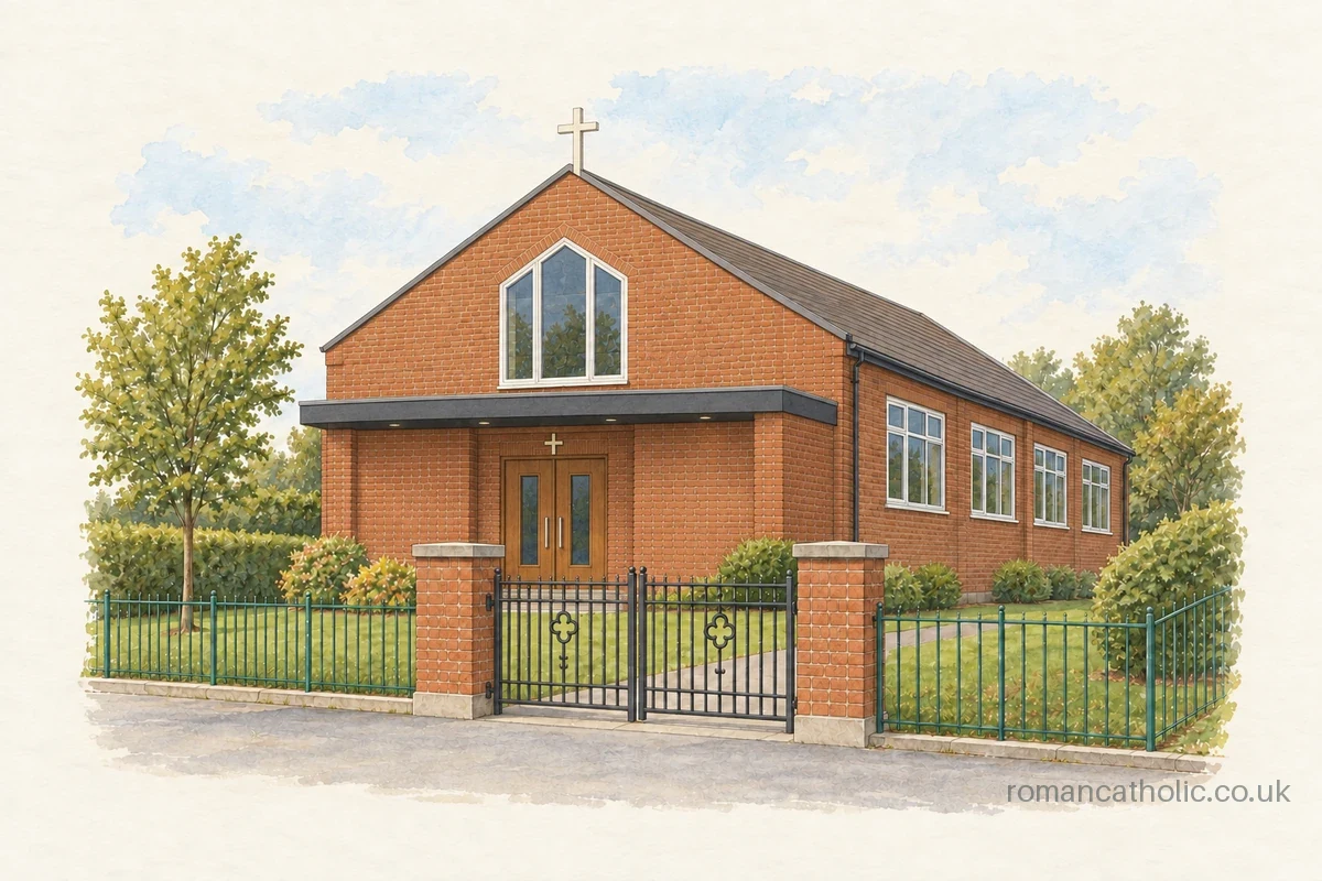 Illustration of Sacred Heart and St John Bosco, Sunderland, with a brick gable and low projecting entrance.
