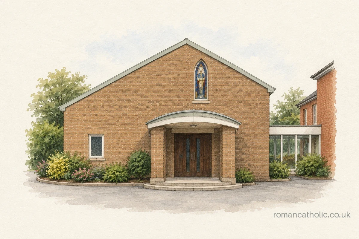 Small brown-brick Sacred Heart church in Leighton Buzzard with its curved entrance canopy.