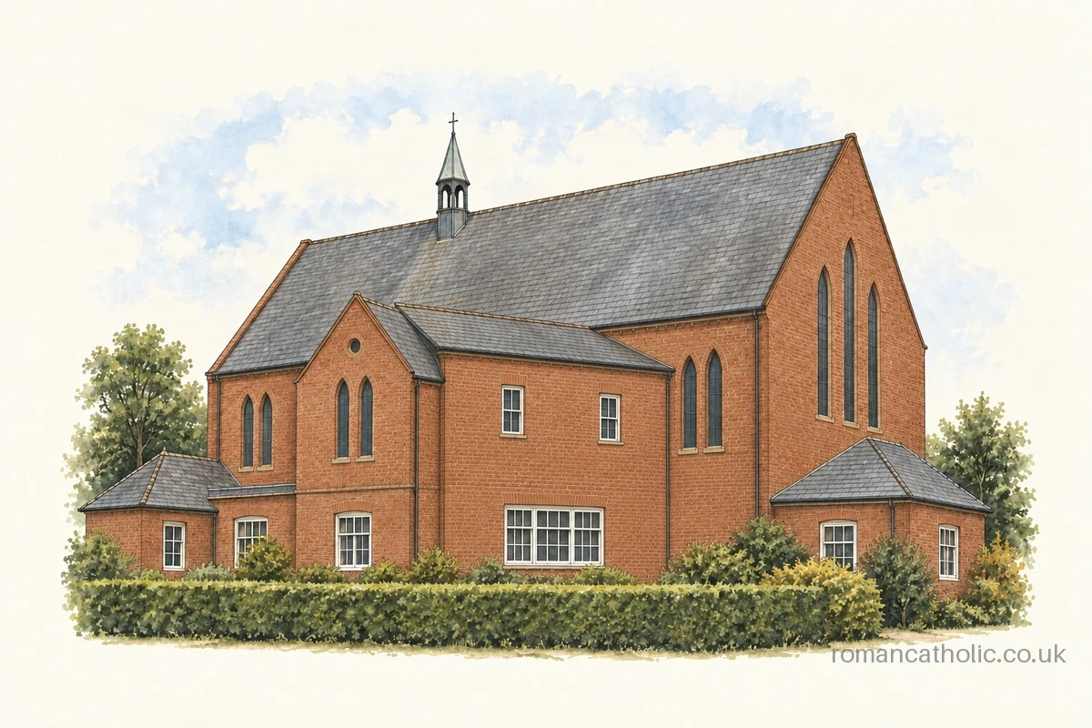 The Virgin Mother of Good Counsel, Hythe, with its red-brick walls and slender roof fleche.